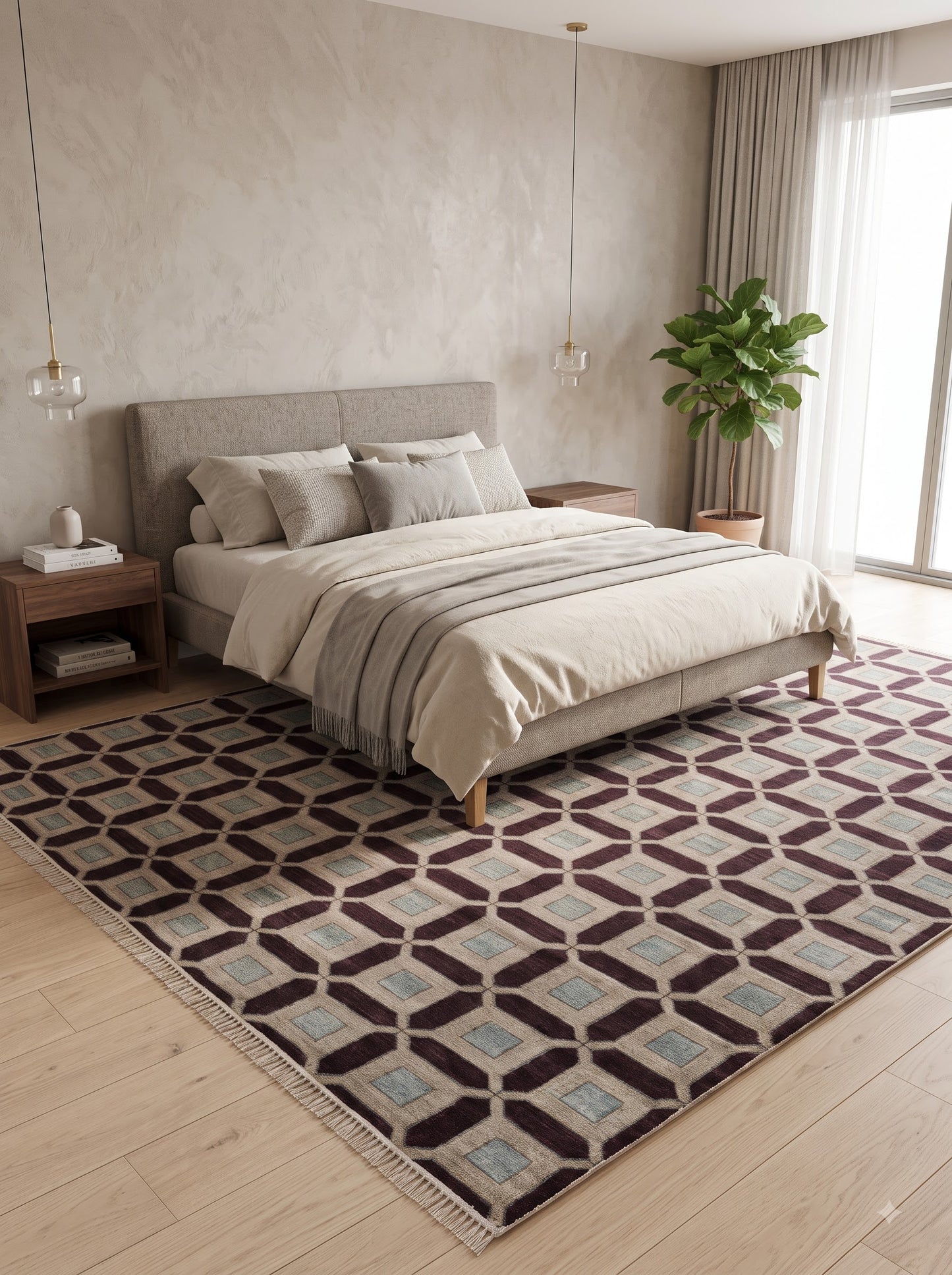 Plum & Ivory Architectural Checkered Lattice Grid Carpet for Living Room