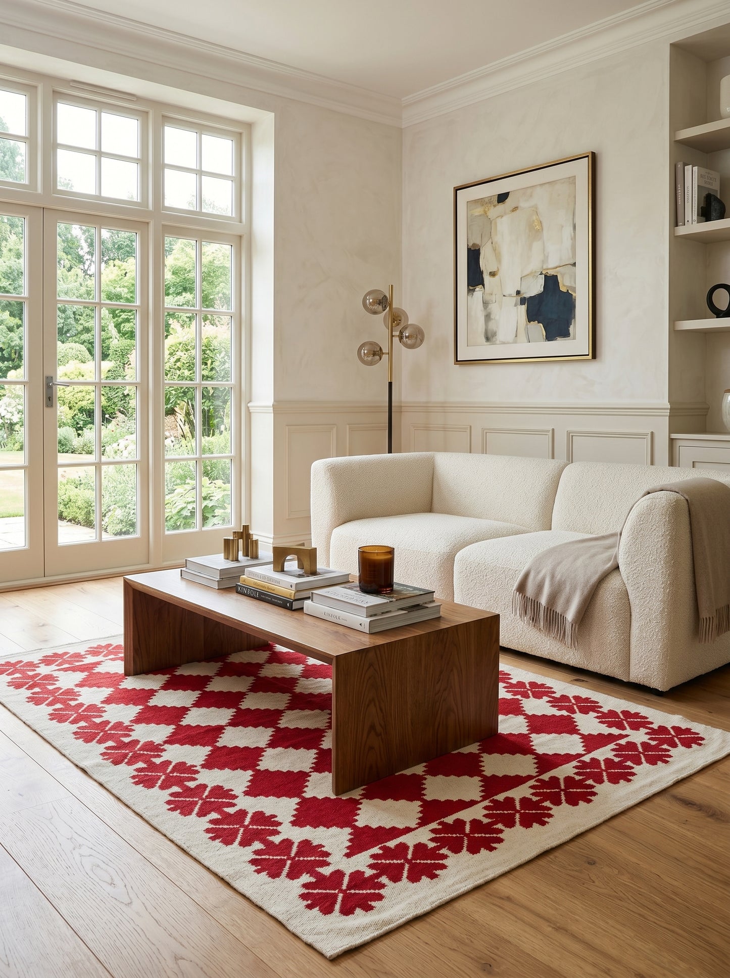 Traditional Ruby Red & Cream Wool Cotton Dhurrie Rug