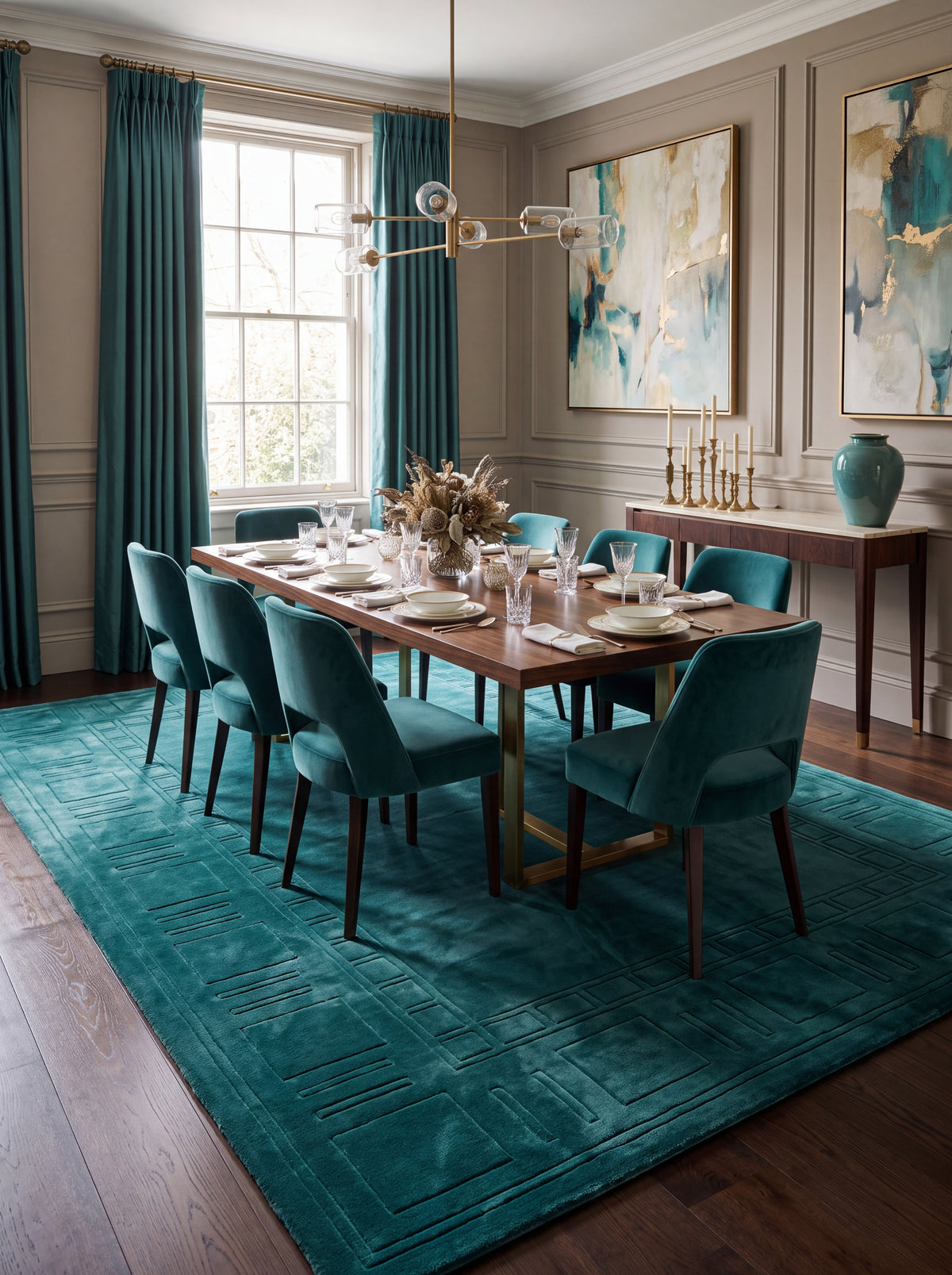 Deep Forest Green Tufted Carpet, Minimalist Embossed Border Rug for Bedroom Living Room