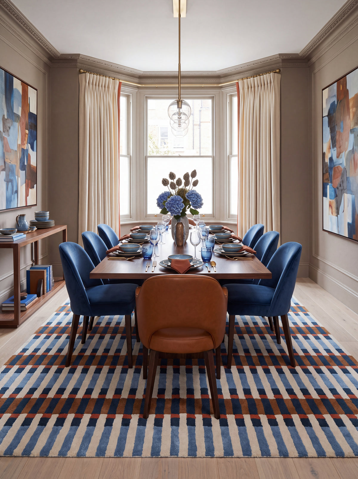 Bauhaus Barcode Hand-Tufted Wool Rug Navy Blue Terracotta & Cream Linear Block Carpet