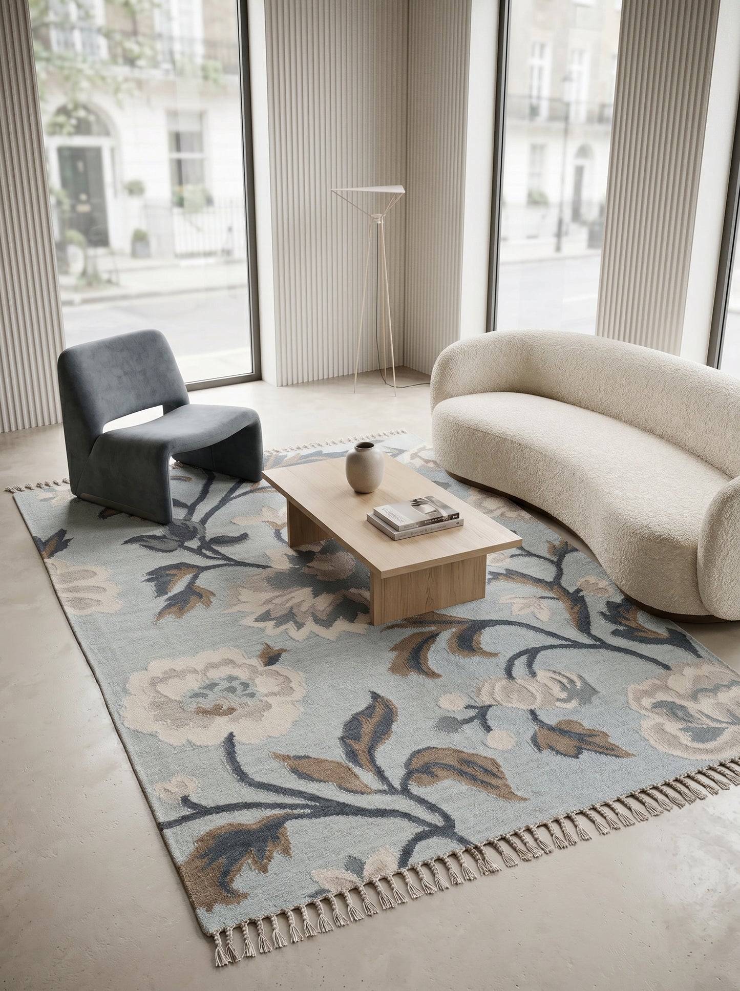 French Blue Peony Vintage Floral Wool Cotton Dhurrie Rug,