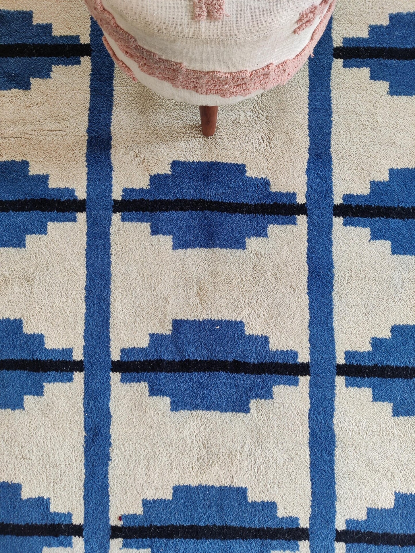 Contemporary Indigo Blue Geometric Wool Moroccan Hand knotted Shag Area Rug for Bedroom and Living Room and Dining