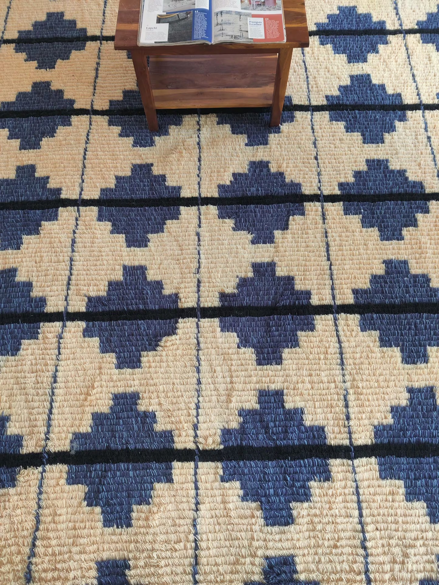 Blue Classic Moroccan Shag Diamond Pattern New Zealand Hand Knotted Wool Rug
