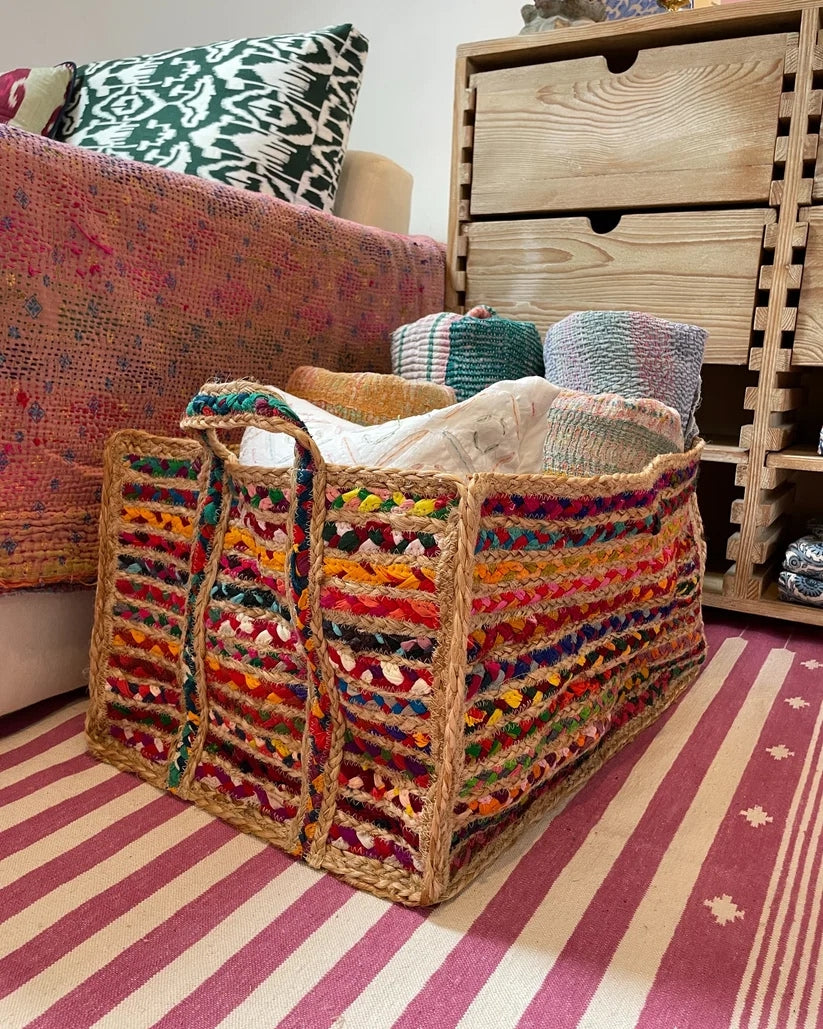 Rectangular Jute and Rainbow Extra Large Basket