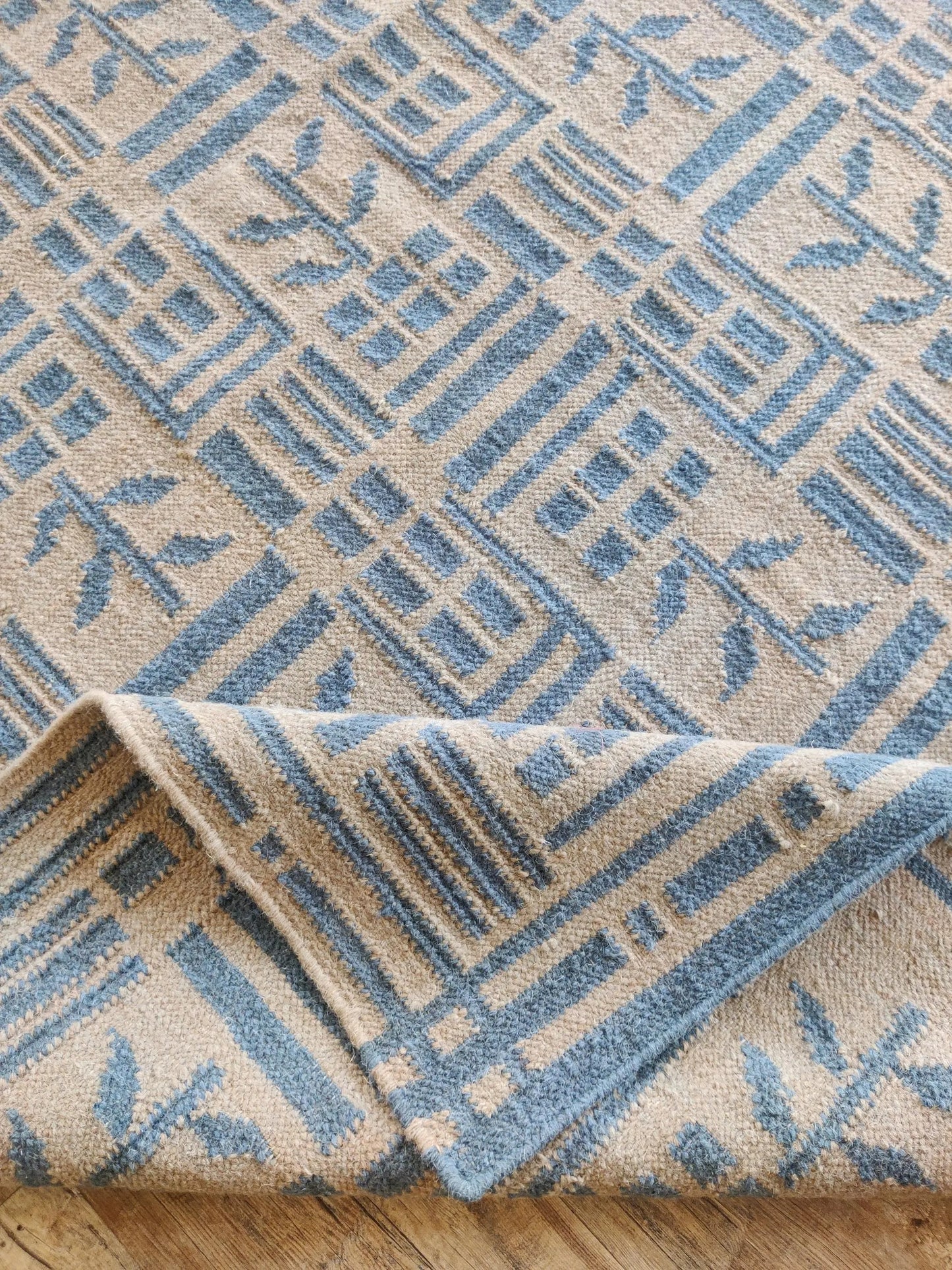 Denim Twig Lattice Blue & Beige Wool Cotton Dhurrie Rug