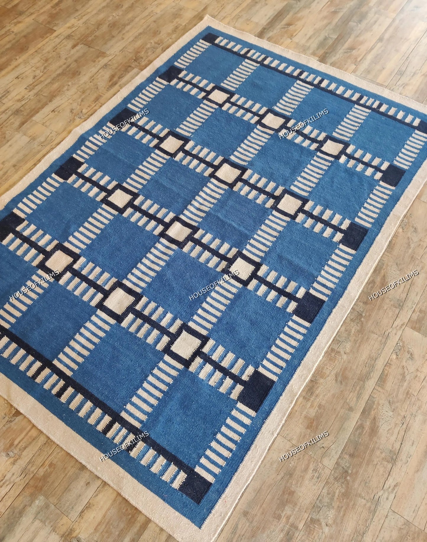 Cobalt Matrix Grid Wool Cotton Dhurrie Rug