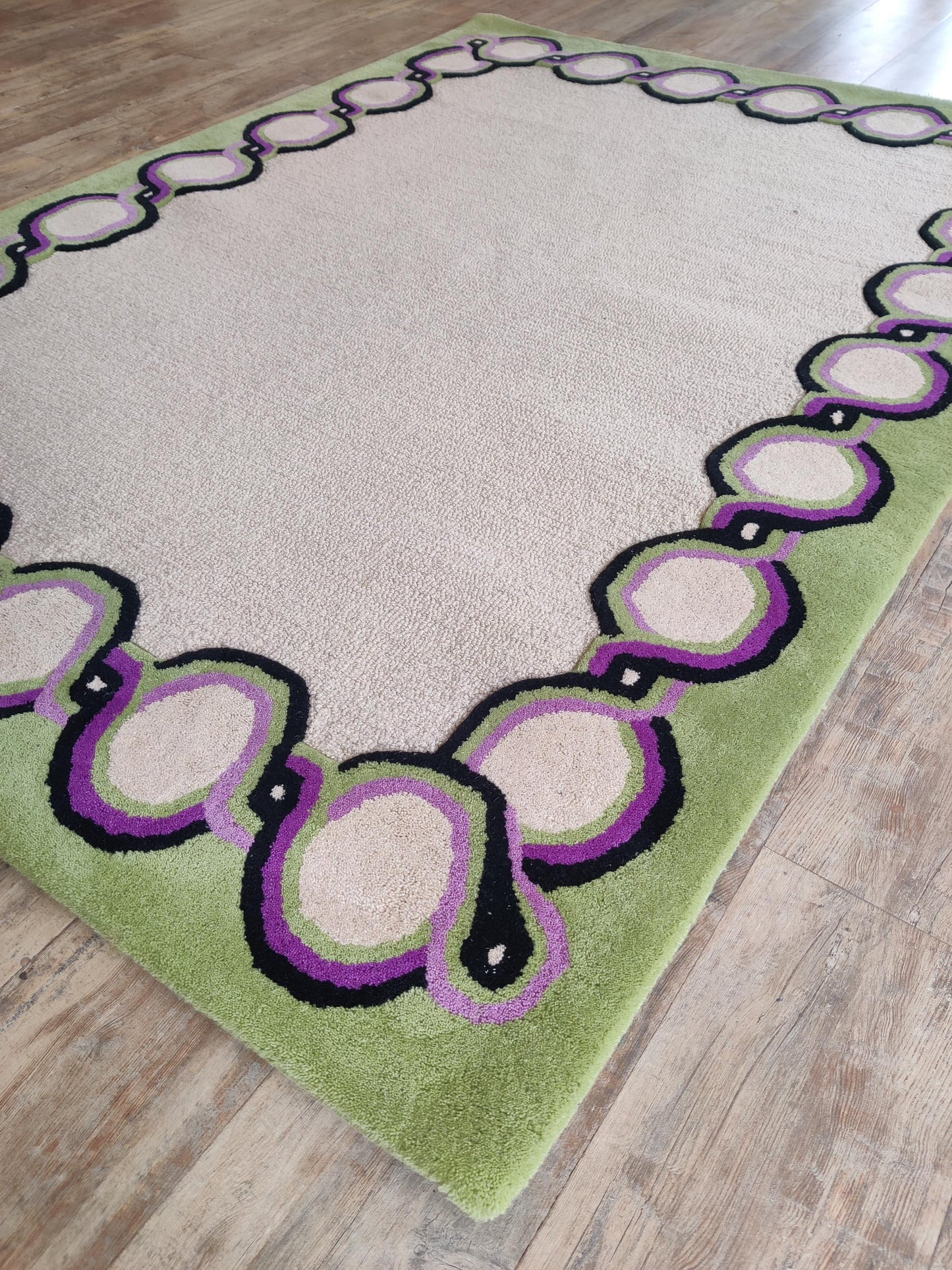 Olive Green & Cream Bordered Tufted Wool Area Rug