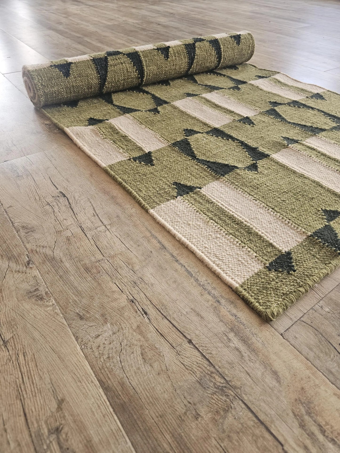 Olive Green Wool Runner Rug, Handmade Geometric Hallway Runner