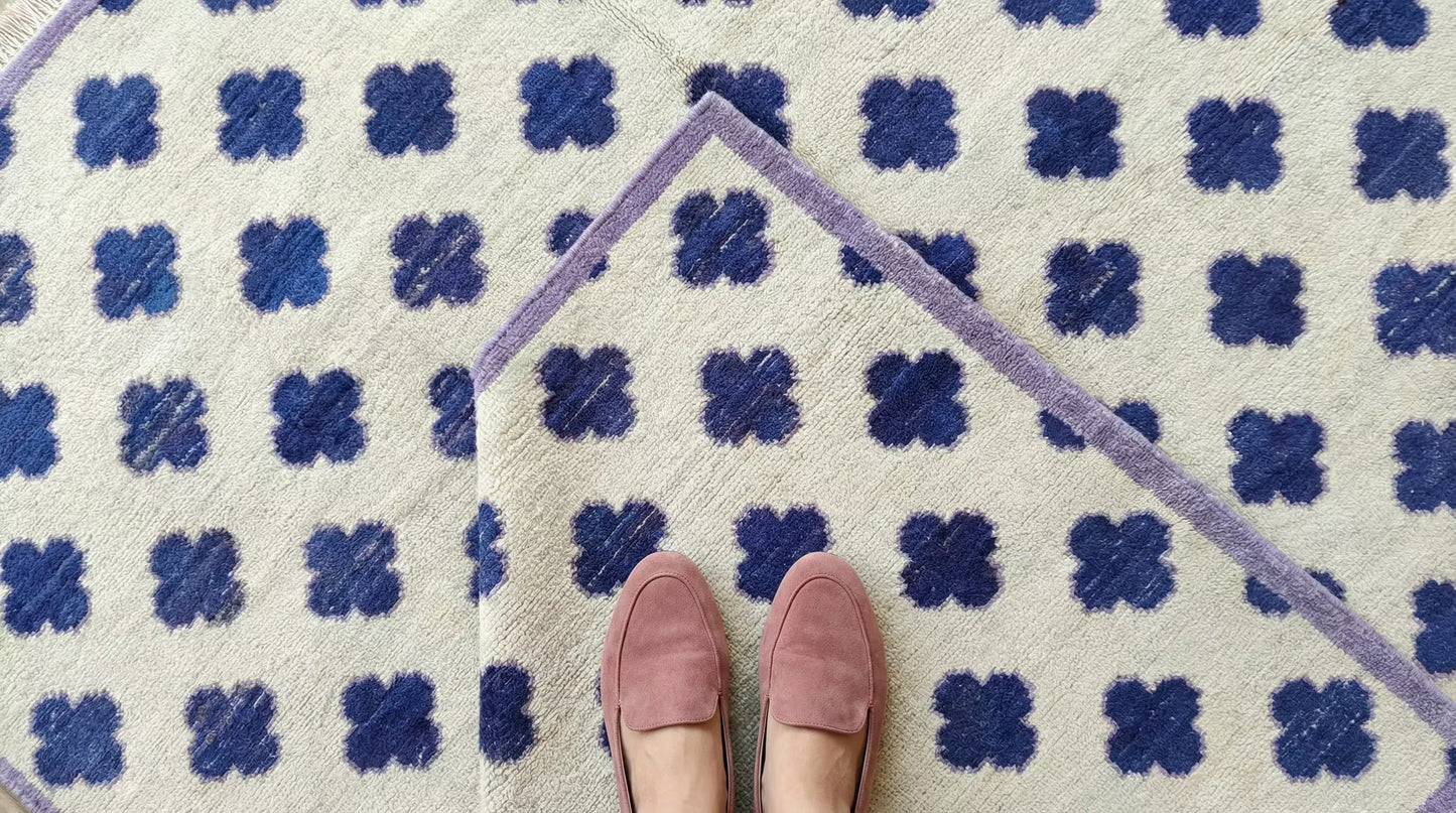 Premium Neutral Blue Geometric Wool Oushak Rug