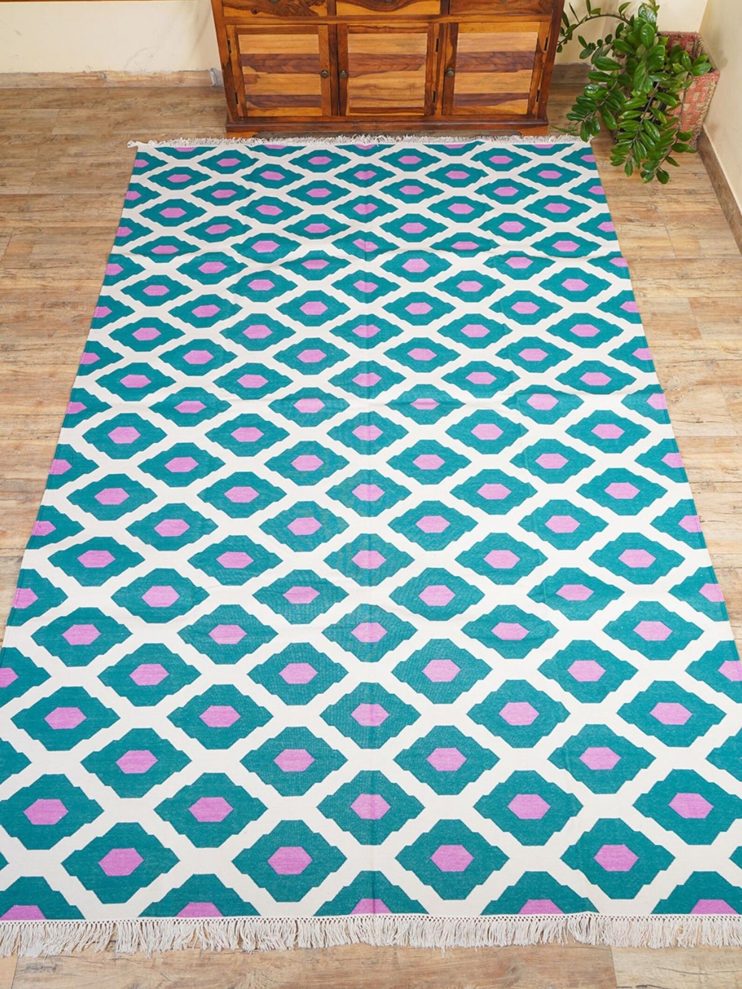 Teal Magenta Geometric Diamond Cotton Flatweave Rug