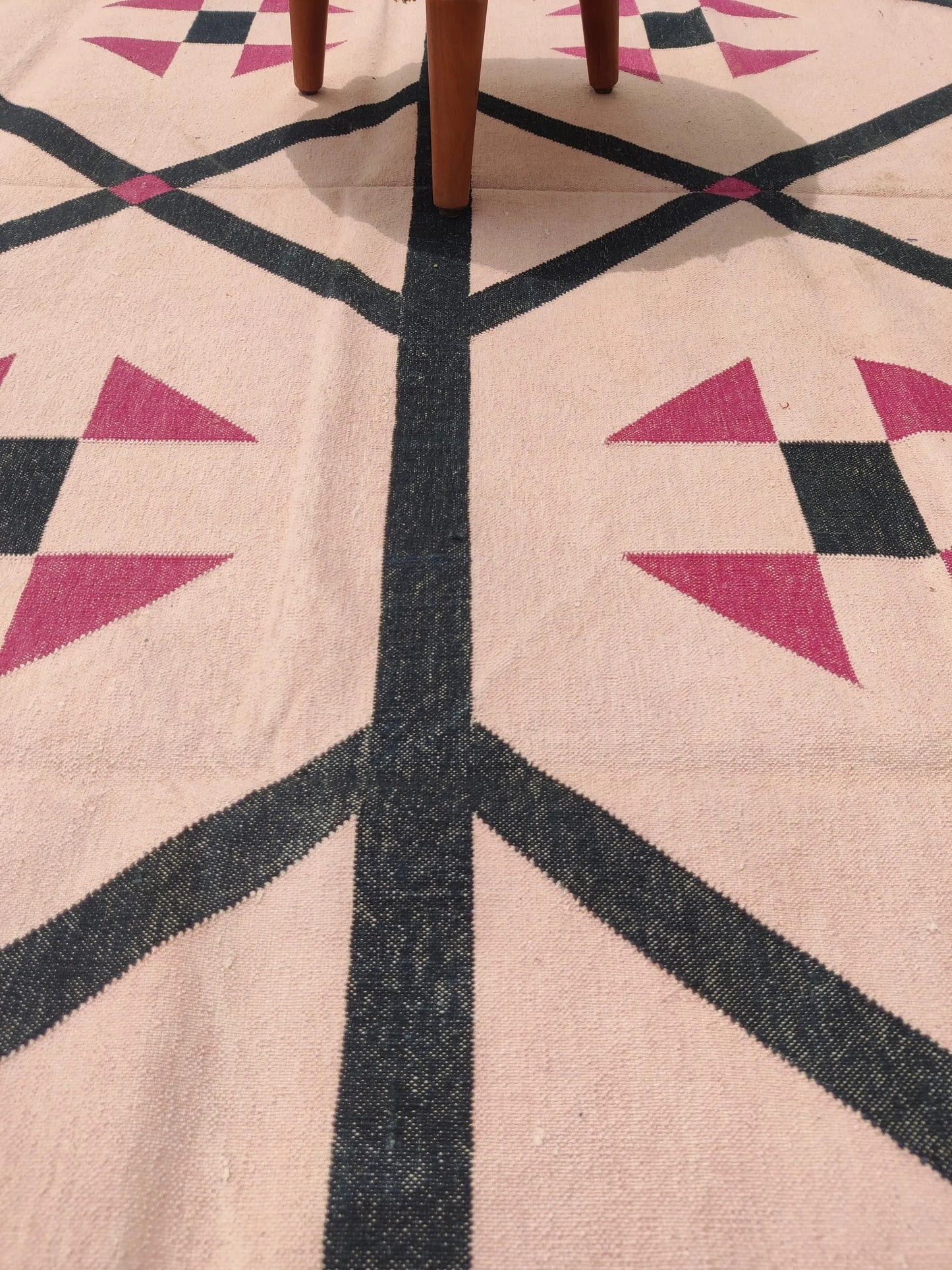 Blush Pink Geometric Navy Diamond Dhurrie rug