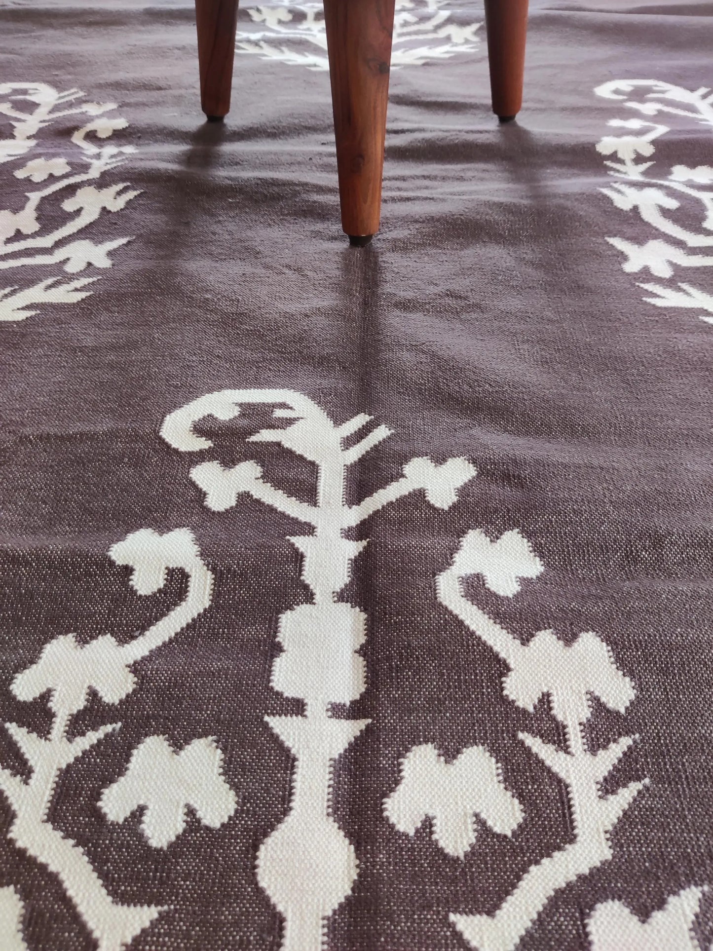 Charcoal & Ivory Botanical Buta cotton flat weave rug