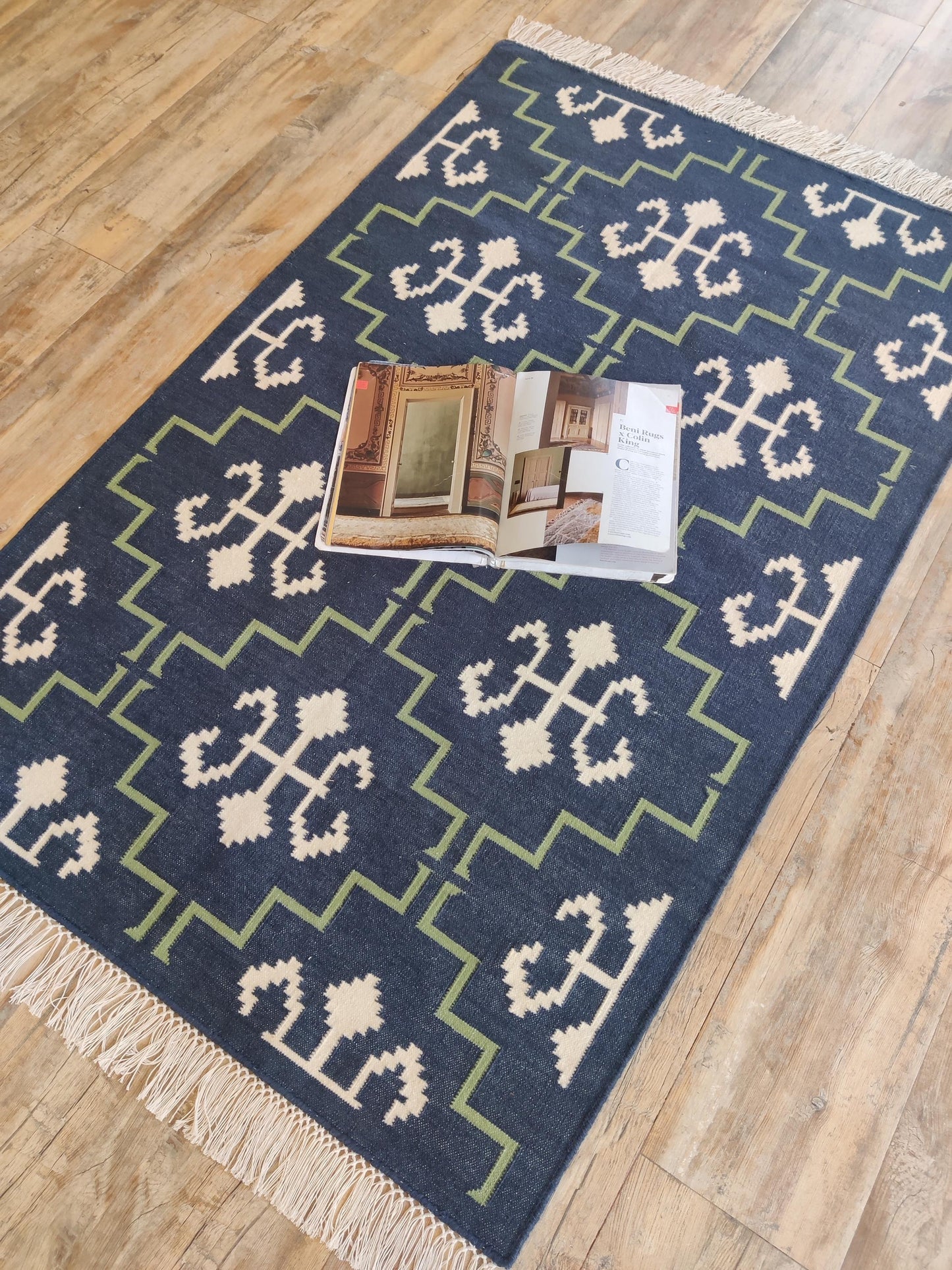Indigo Cross Lattice Modern Navy Blue & Green Wool Cotton Dhurrie Rug
