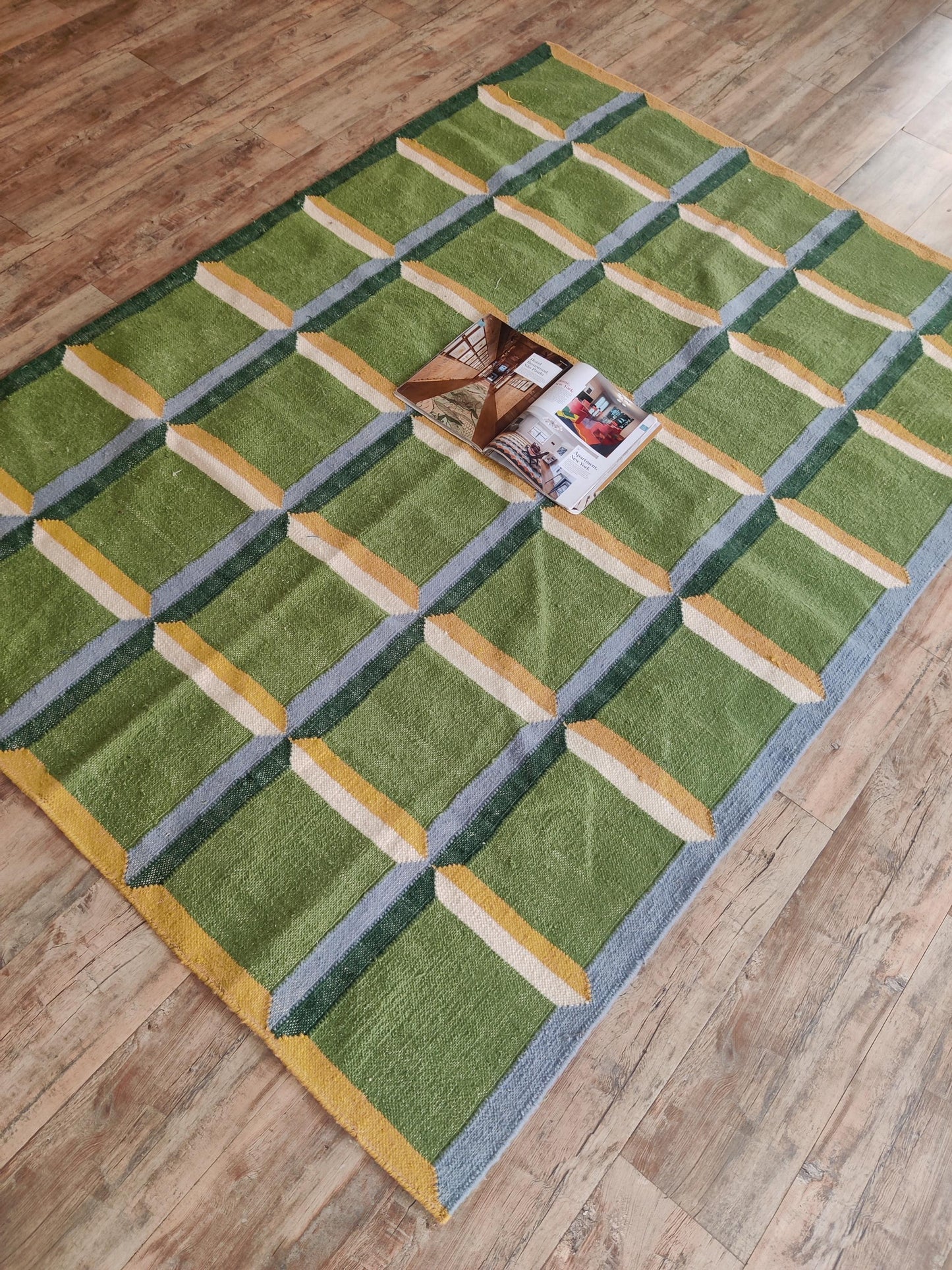 Emerald Block Lattice Modern Green Checkered Wool Cotton Dhurrie Rug