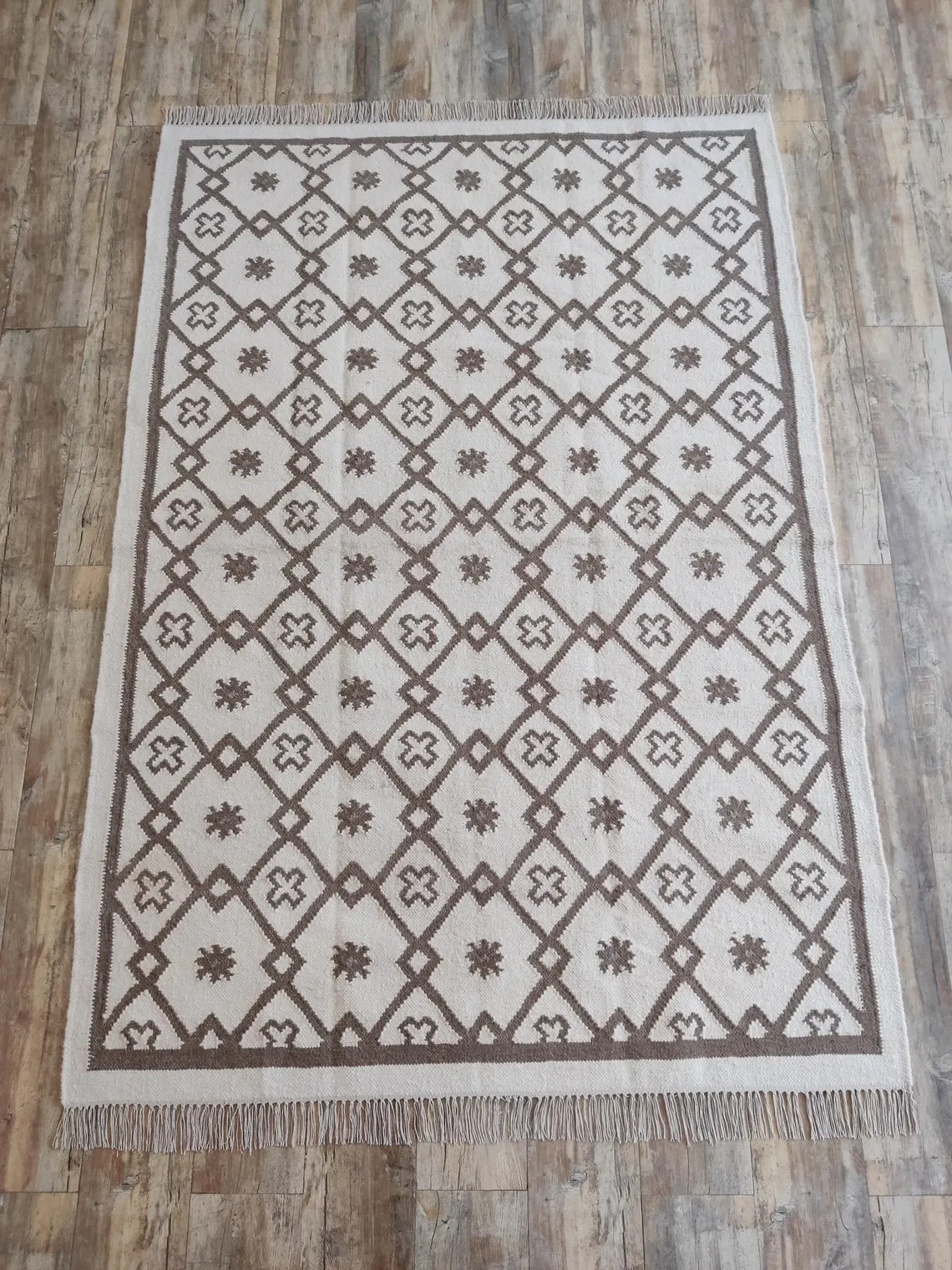 Earth Brown Clover Trellis Brown & Cream Wool Cotton Dhurrie Rug