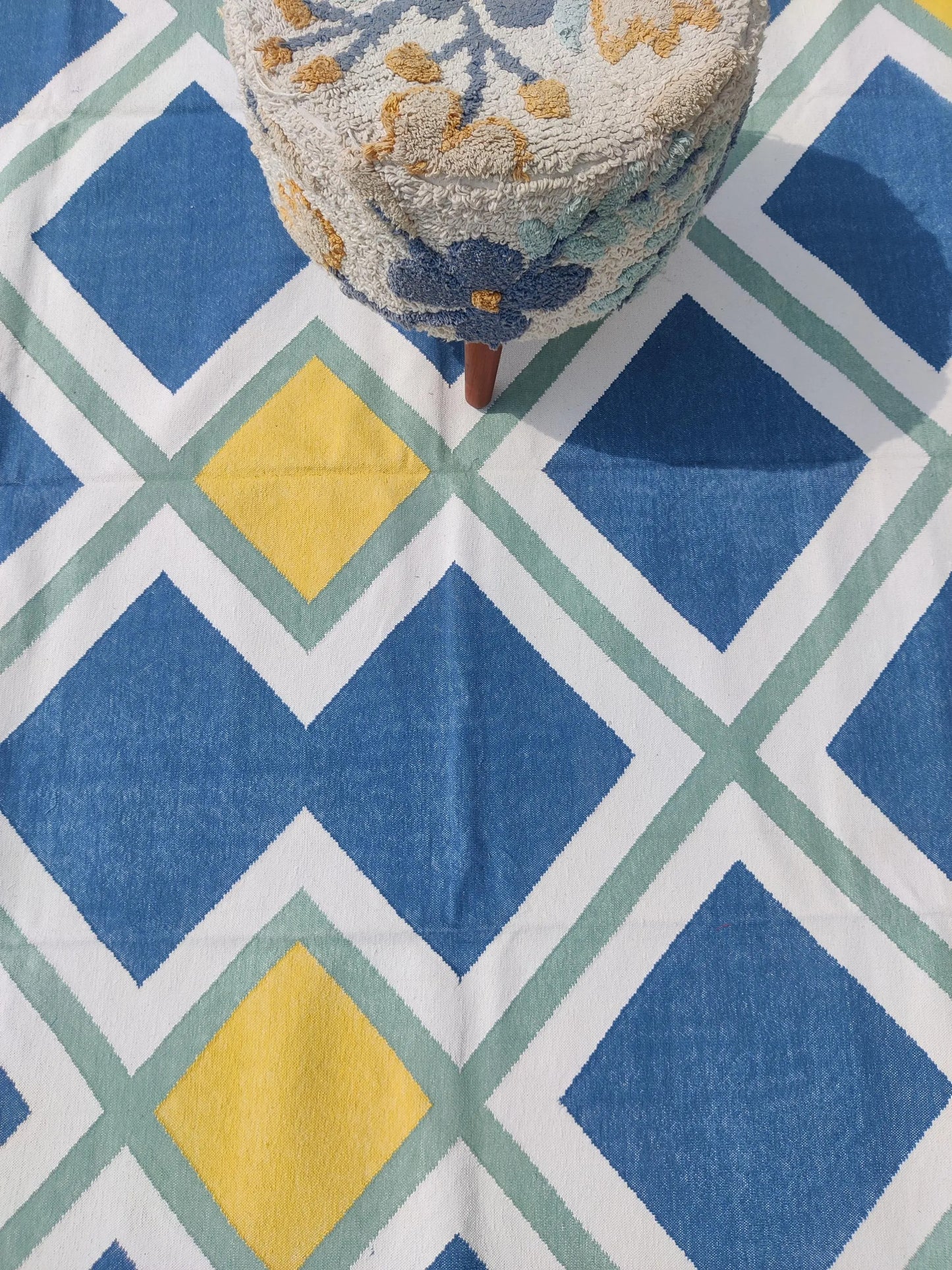 Modern Azure & Canary Yellow Geometric Cotton Flatweave Rug