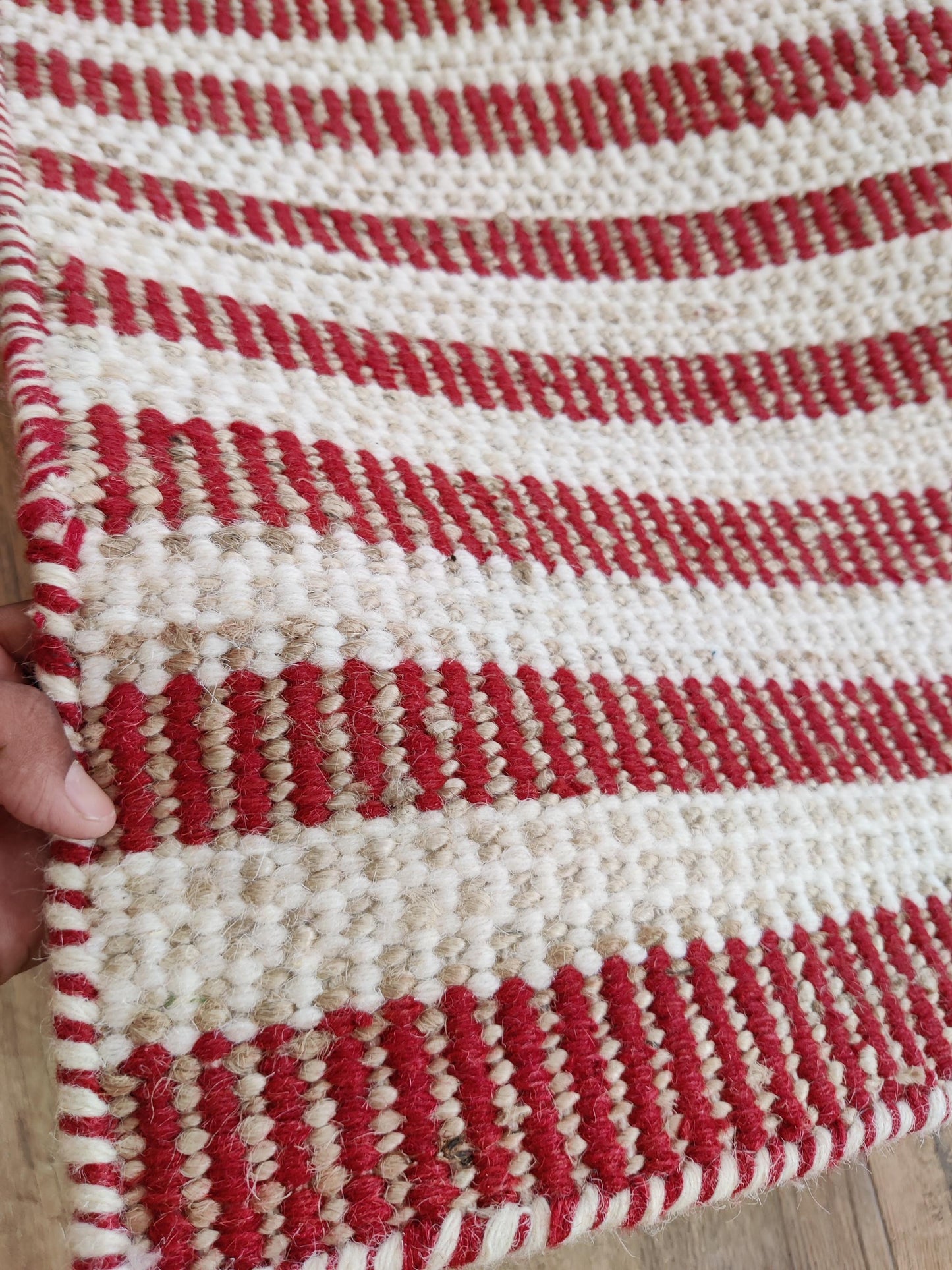 Linear Striped Pattern Dhurrie | Rust Red & Cream Artisan Home Decor
