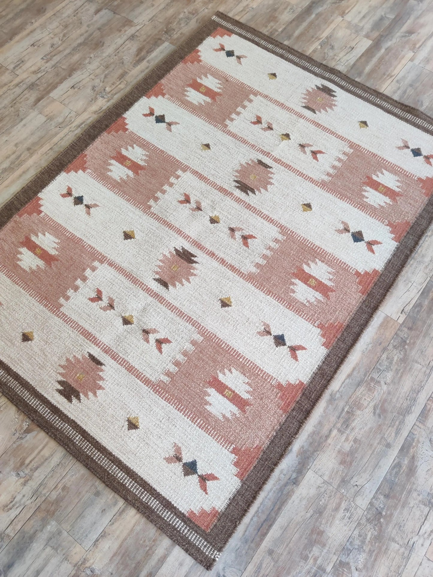 Terracotta Desert Rose Traditional Blush Pink & Cream Wool Cotton Dhurrie Rug