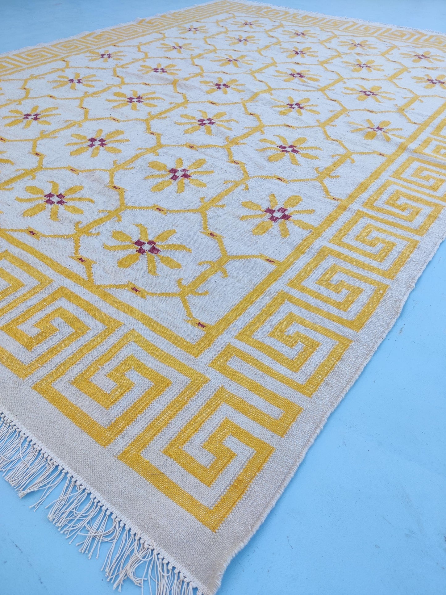 Yellow Greek Key Blossom Border Kilim Custom Size rug