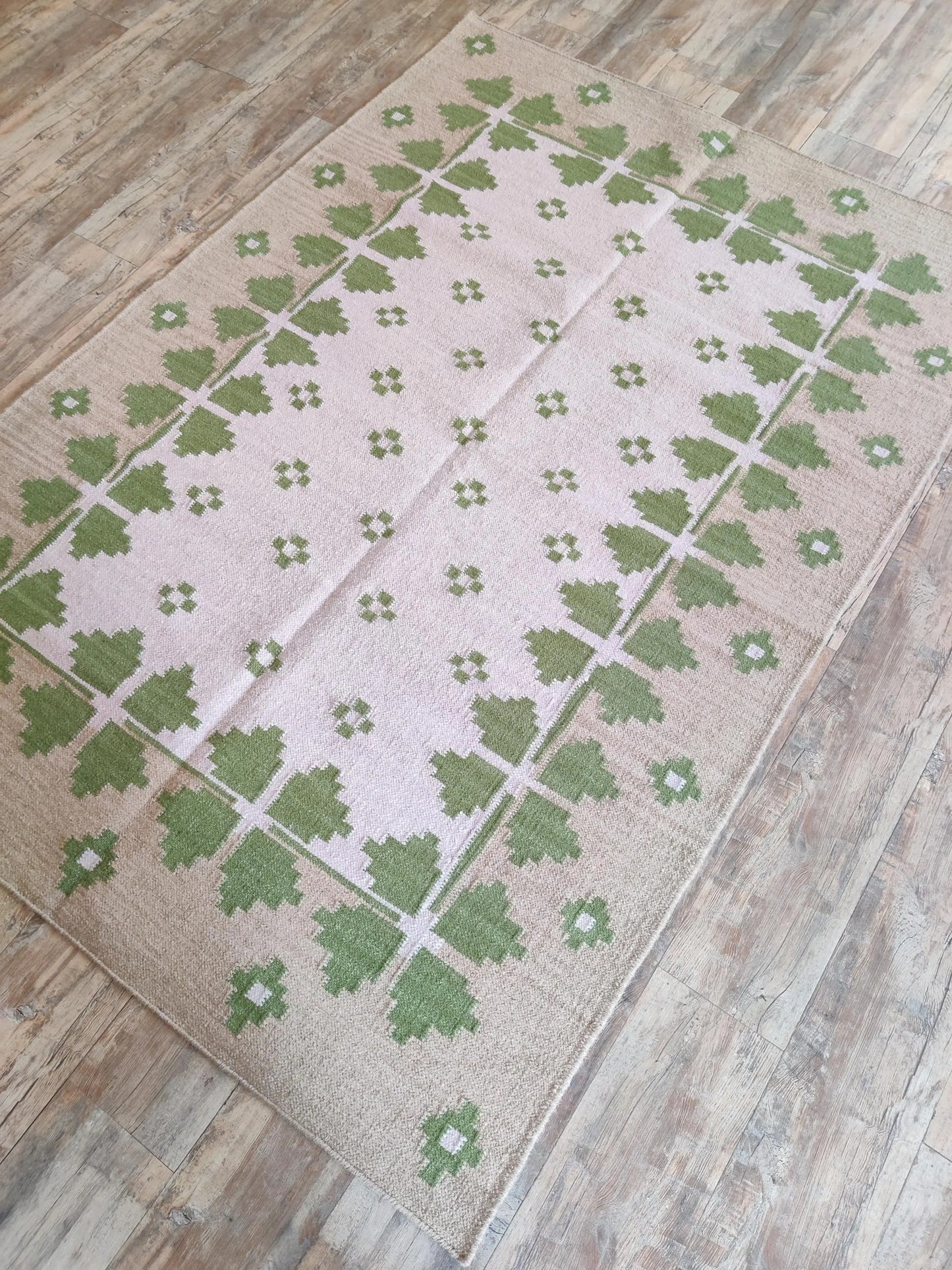 Lilac Meadow Pastel Blush Pink & Sage Green Wool Cotton Dhurrie Rug