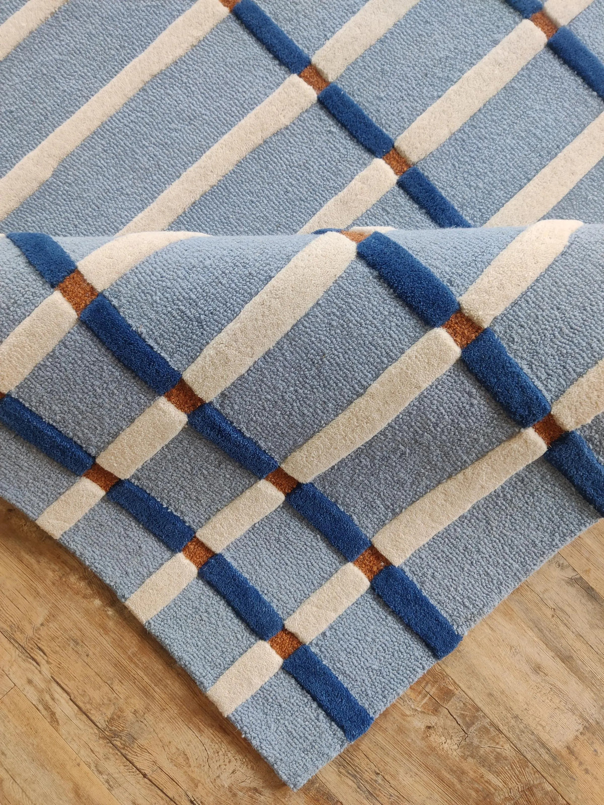 Powder Blue & Ivory Tartan Carpet, Aesthetic Coastal Checkered Tufted Rug for Living Room