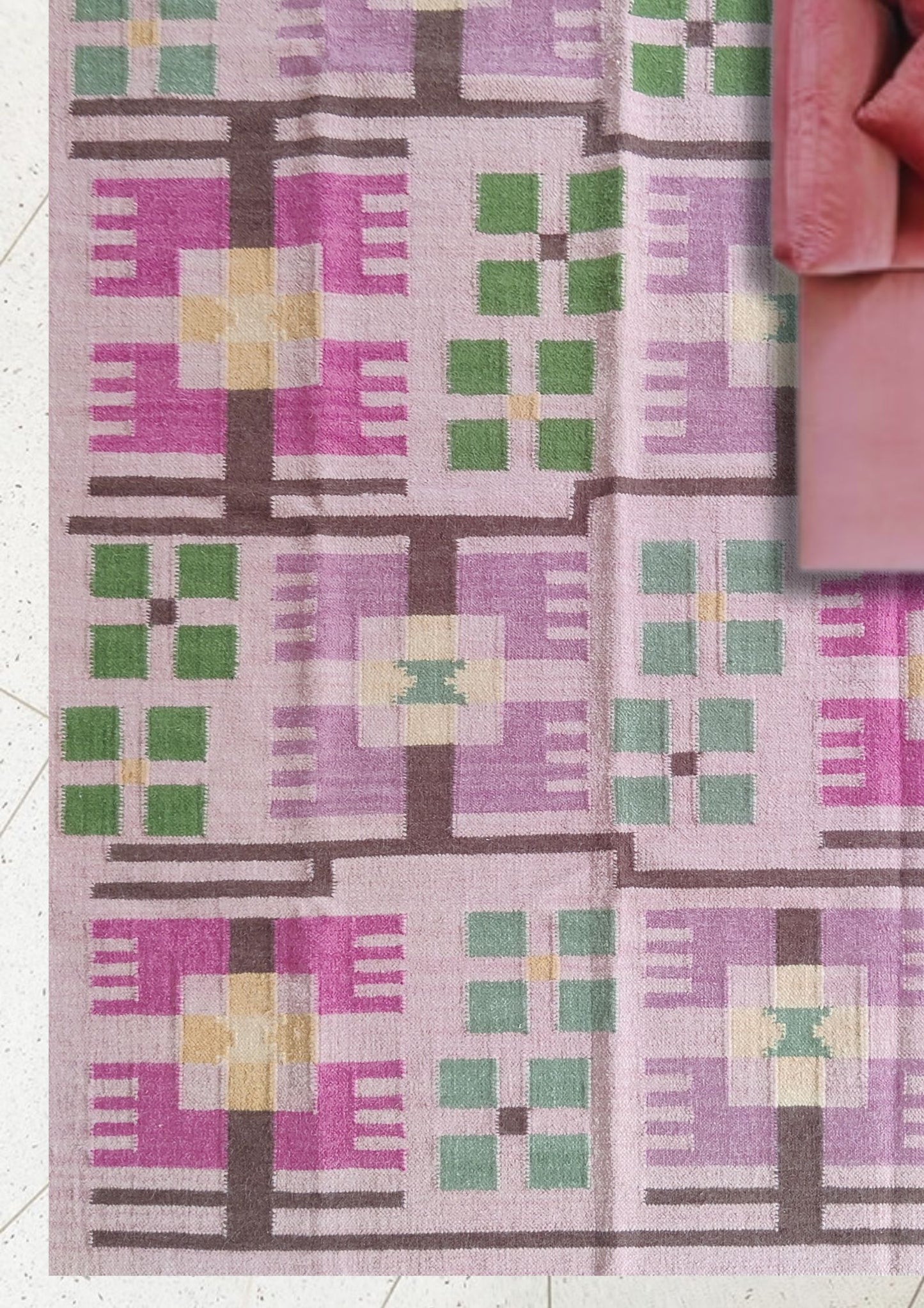 Blush Pink Floral Grid Wool Area Rug