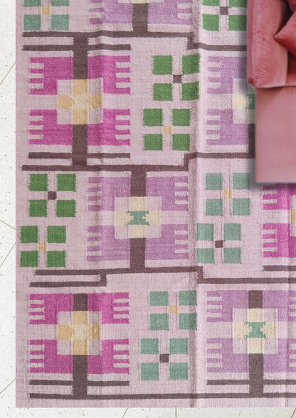 Blush Pink Floral Grid Wool Area Rug