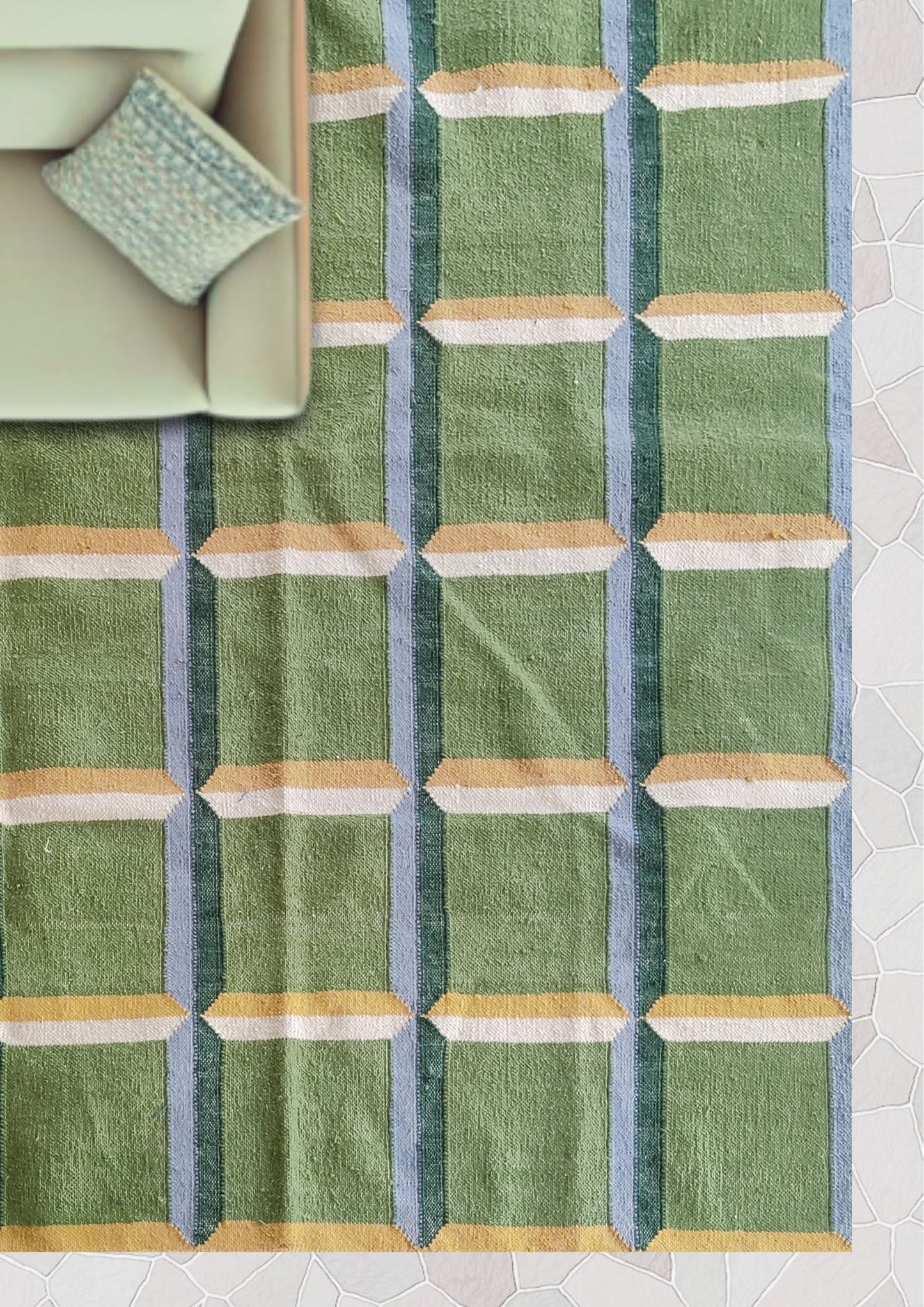 Green Panel Geometric  Wool Area Rug