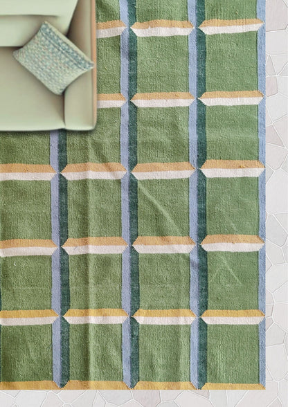 Green Panel Geometric  Wool Area Rug