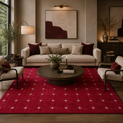 Ruby Red & White Cross Geometric Rug