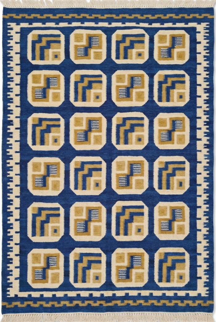 Royal Indigo Labyrinth Mid-Century Modern Blue & Gold Wool Cotton Dhurrie Rug