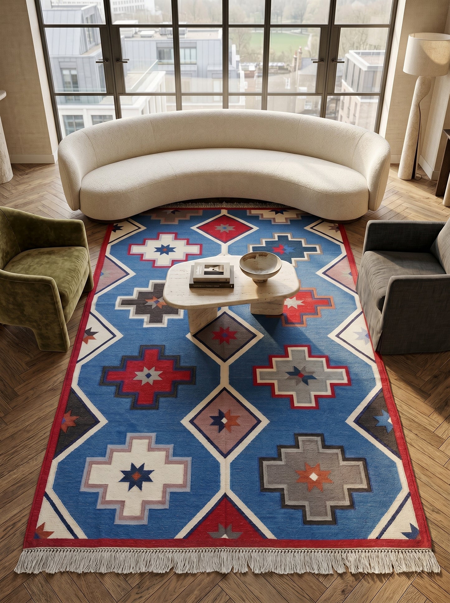 Taos Medallion Vibrant Blue Tribal Geometric Kilim Flatweave Rug