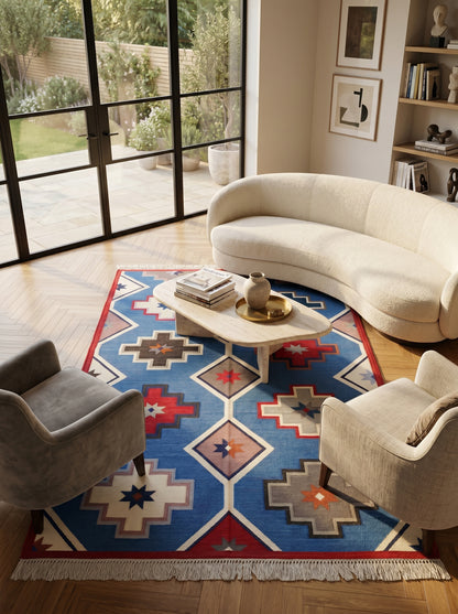 Taos Medallion Vibrant Blue Tribal Geometric Kilim Flatweave Rug
