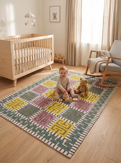 Greek Key Color-Block Matrix - Modern Yellow & Purple Wool Cotton Dhurrie Rug