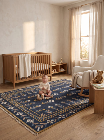 Royal Indigo Botanical Buti Flower Rug