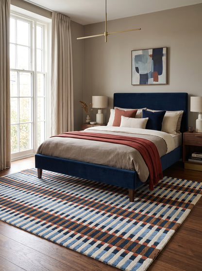 Bauhaus Barcode Hand-Tufted Wool Rug Navy Blue Terracotta & Cream Linear Block Carpet