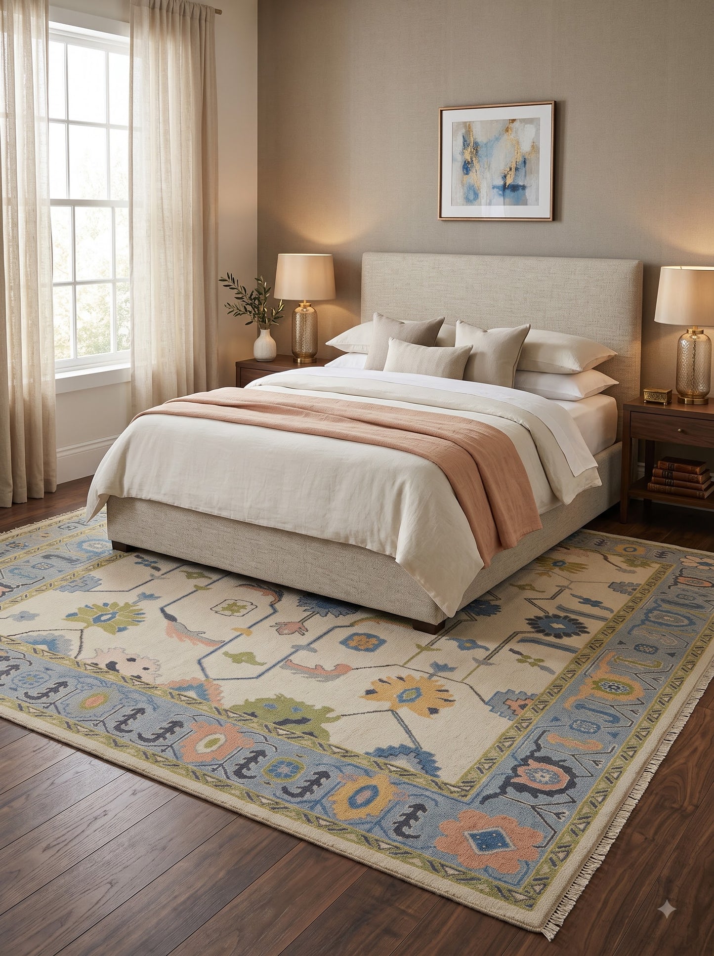 Handmade Wool Oushak Rug Sea Blue Border Floral Design Carpet