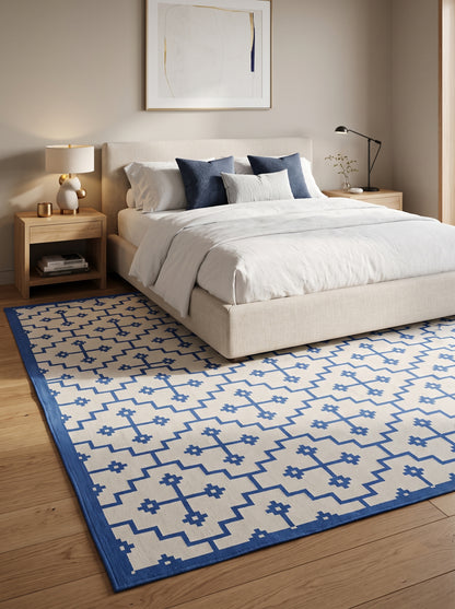 Blue Ivory Geometric Cross Cotton Flatweave Rug