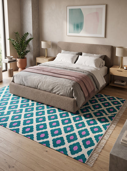Teal Magenta Geometric Diamond Cotton Flatweave Rug