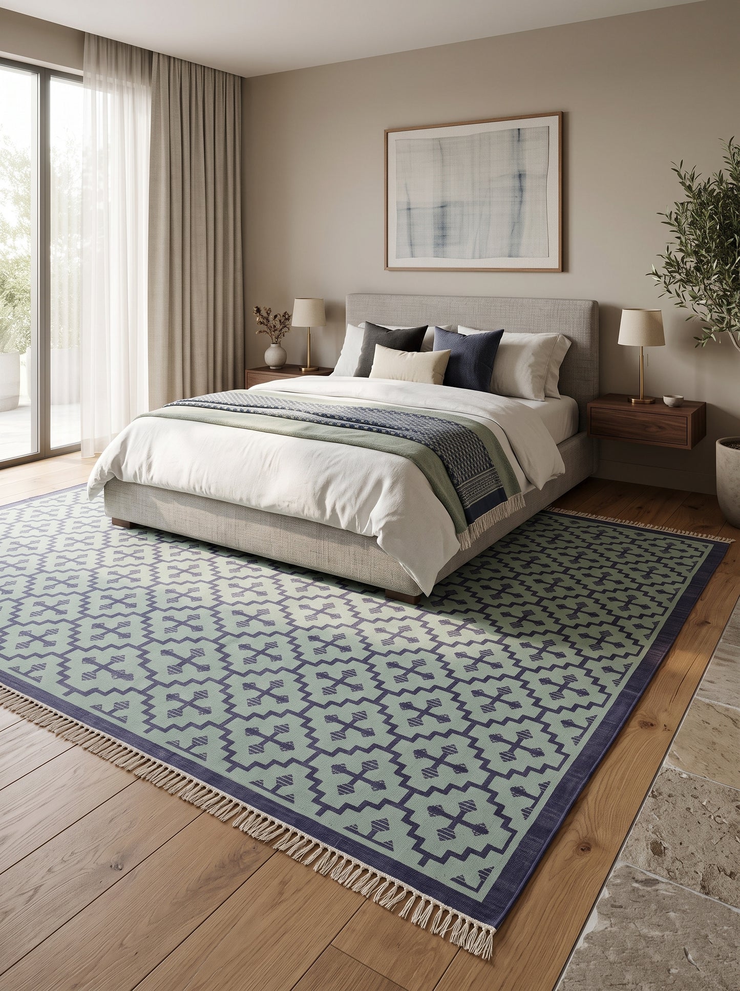 Blue Ivory Geometric Cross Diamond Cotton Flatweave Rug