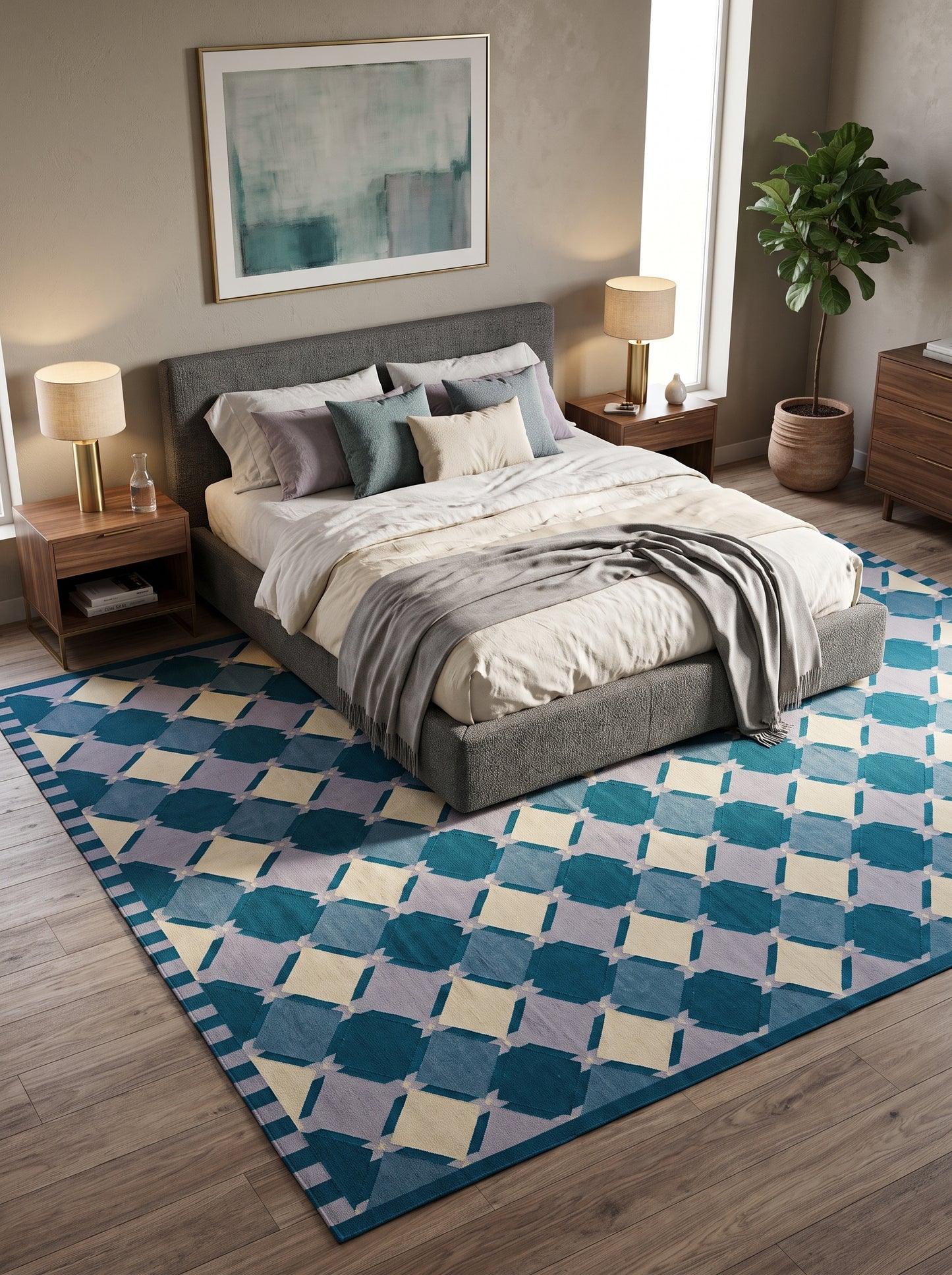 Geometric Diamond Lattice in Teal, Blue & Ivory Rug