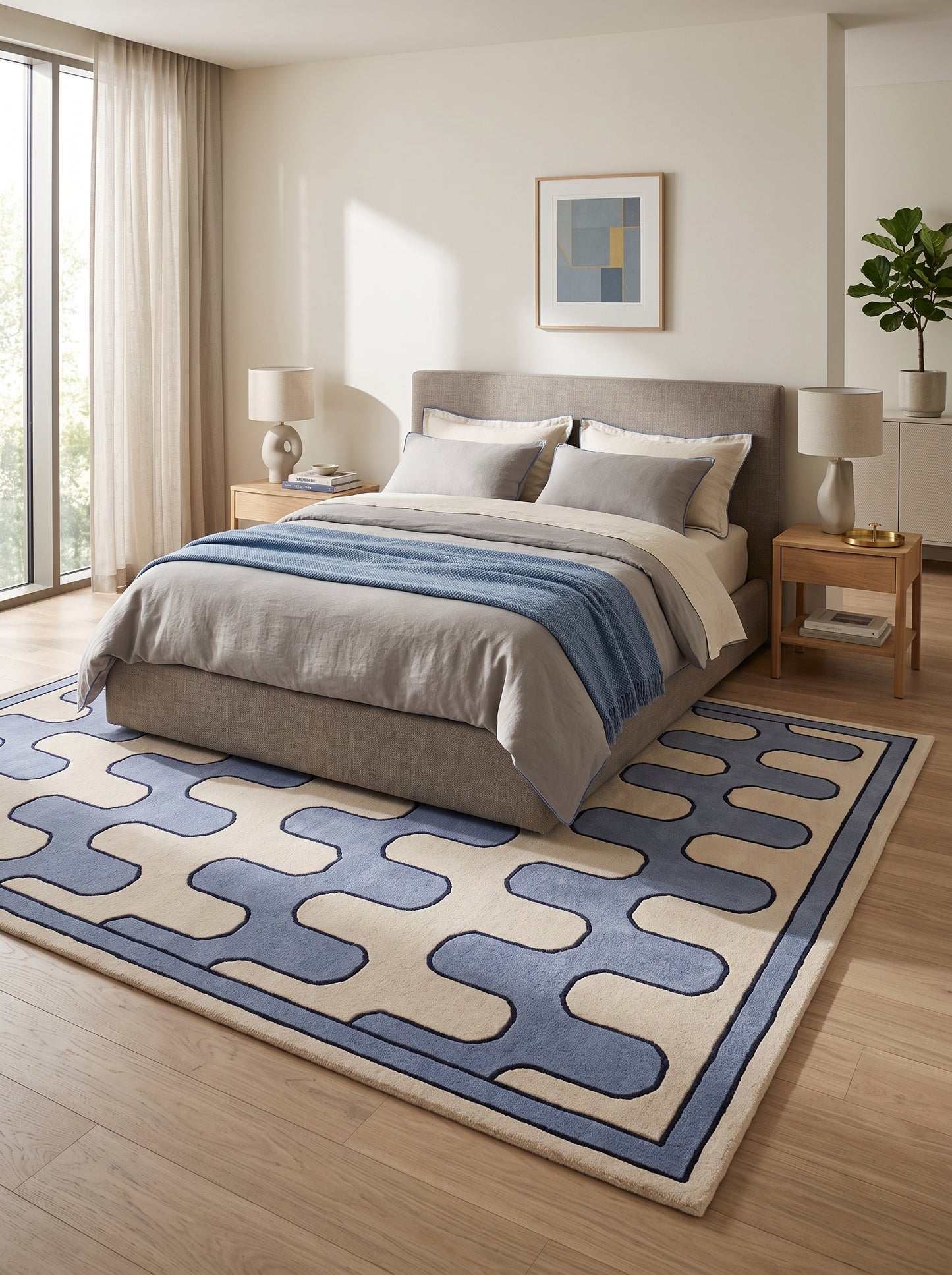 Blue Ivory Wave Wool Tufted Rug