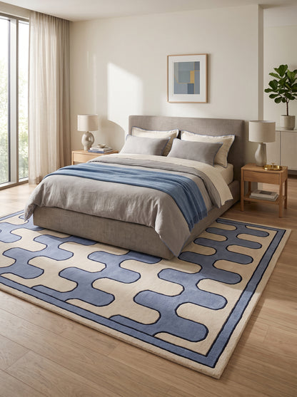 Blue Ivory Wave Wool Tufted Rug