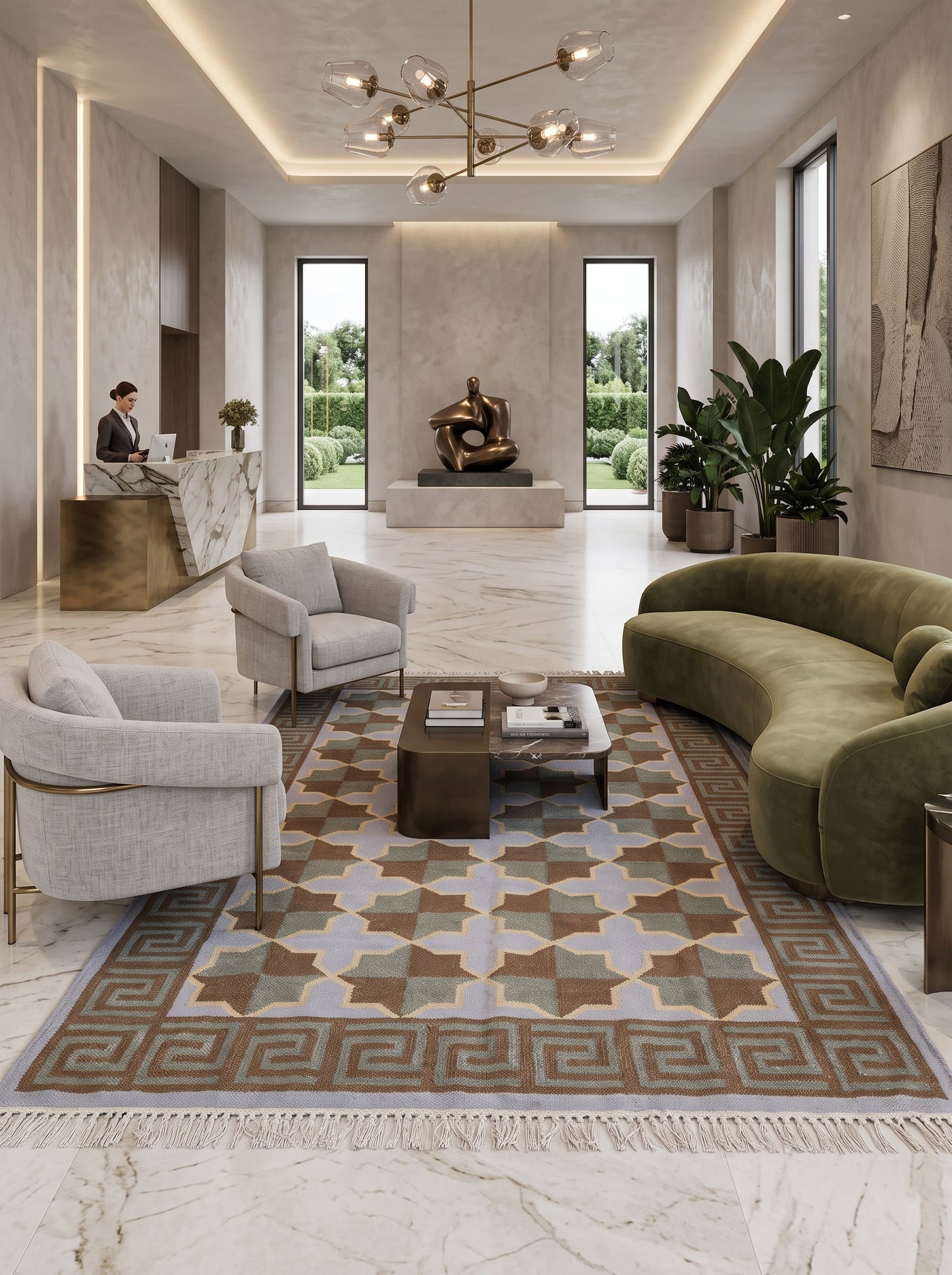 Mediterranean Star Trellis Greek Key Border Flatweave Rug
