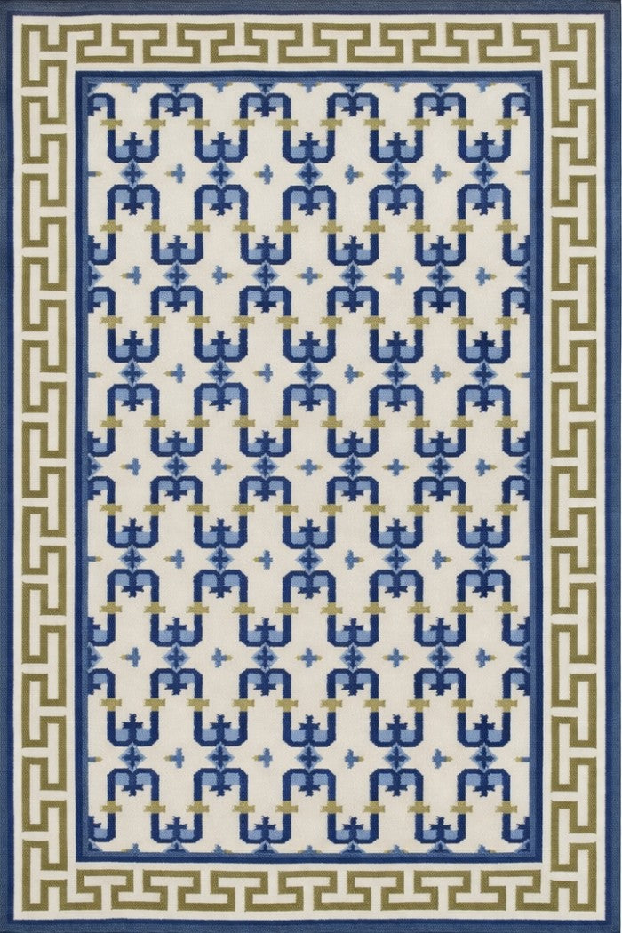 Navy Olive Patterned Dhurrie with Greek Key Border wool rug