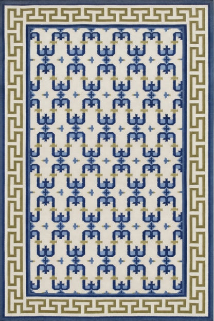 Navy Olive Patterned Dhurrie with Greek Key Border wool rug