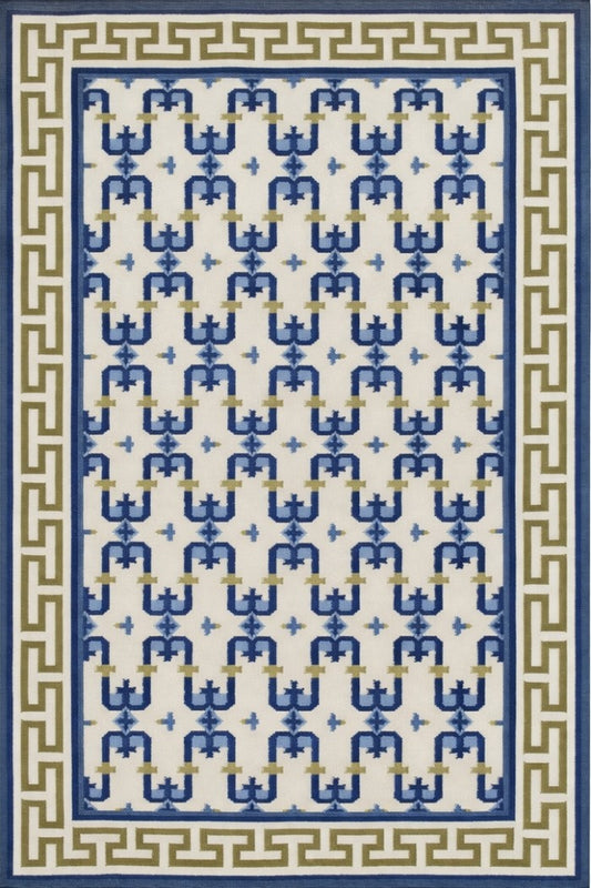 Navy Olive Patterned Dhurrie with Greek Key Border wool rug