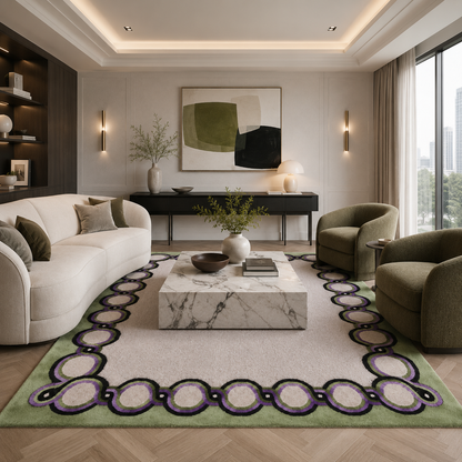 Olive Green & Cream Bordered Tufted Wool Area Rug
