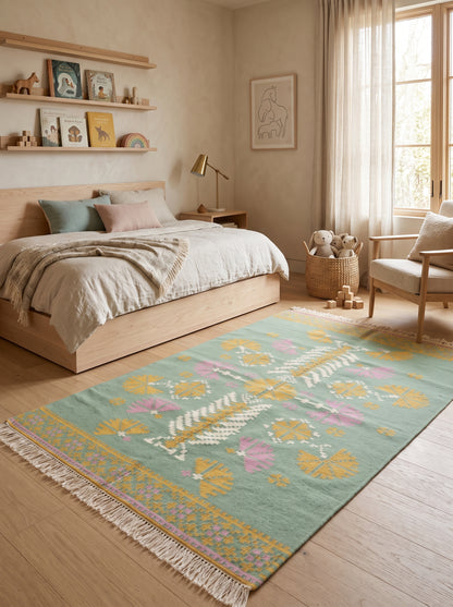 Pastel Bloom Mandala Floral Medallion Dhurrie Rug