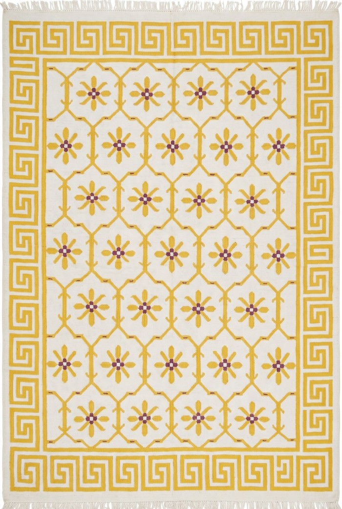 Yellow Greek Key Blossom Border Kilim Custom Size rug